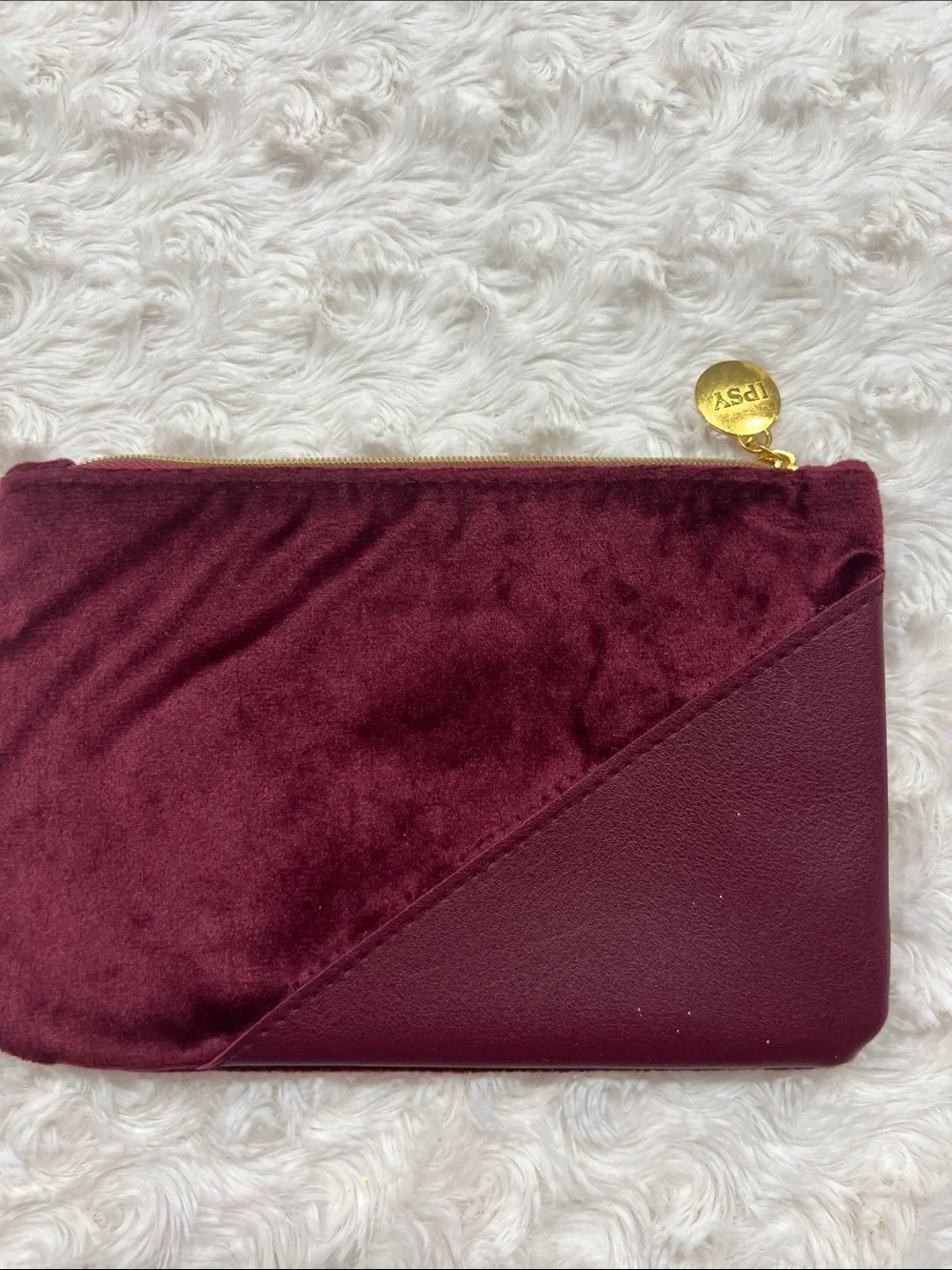 Burgundy Velvet & Leatherette Zip Pouch Makeup Bag
